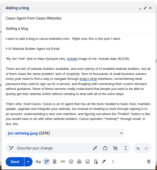 Email draft being used to publish a Casso blog post