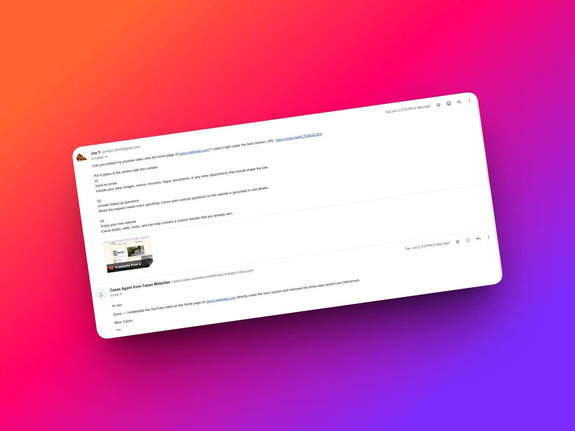 Email conversation with Casso shown over a colorful gradient