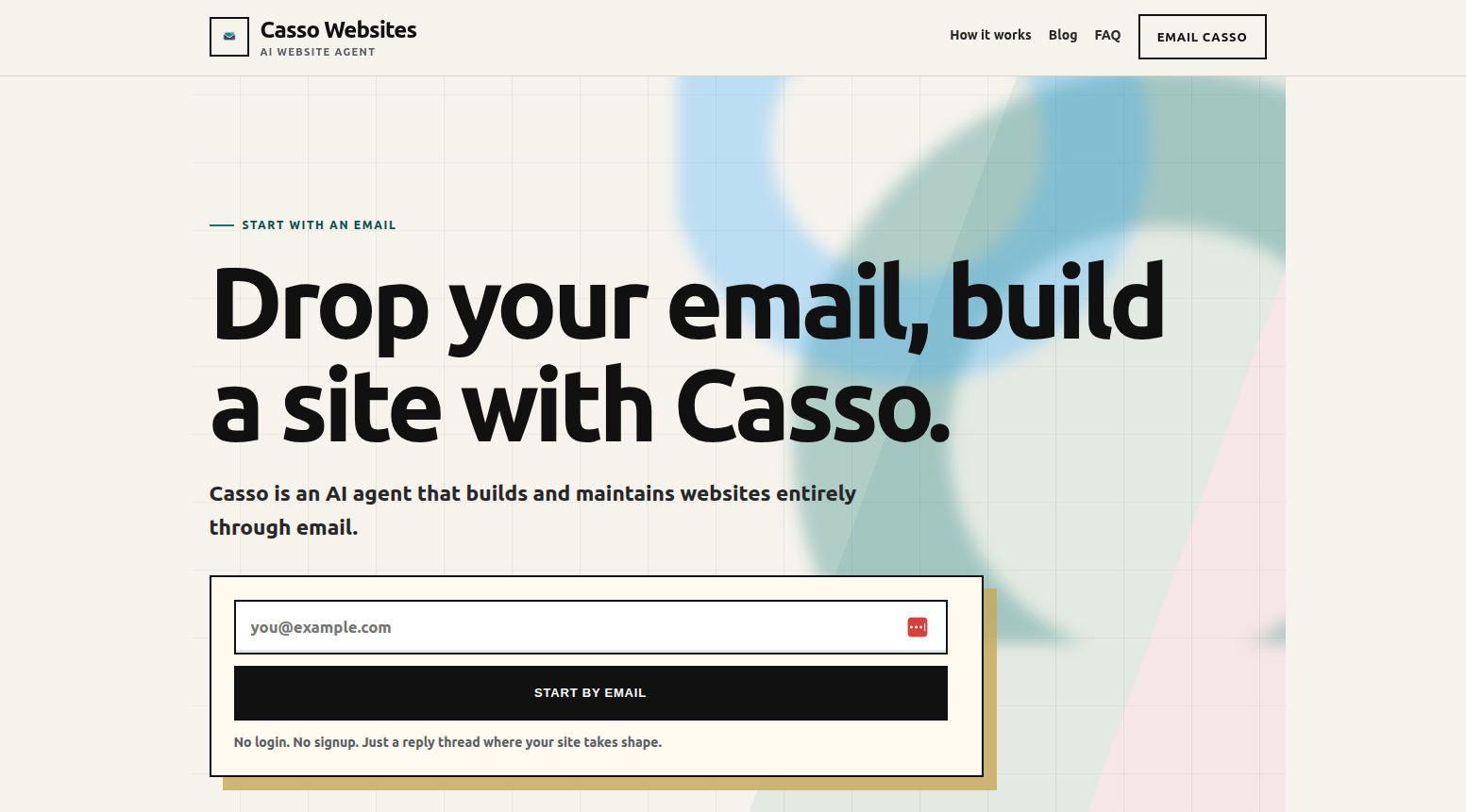 Casso Websites homepage showing an email capture form