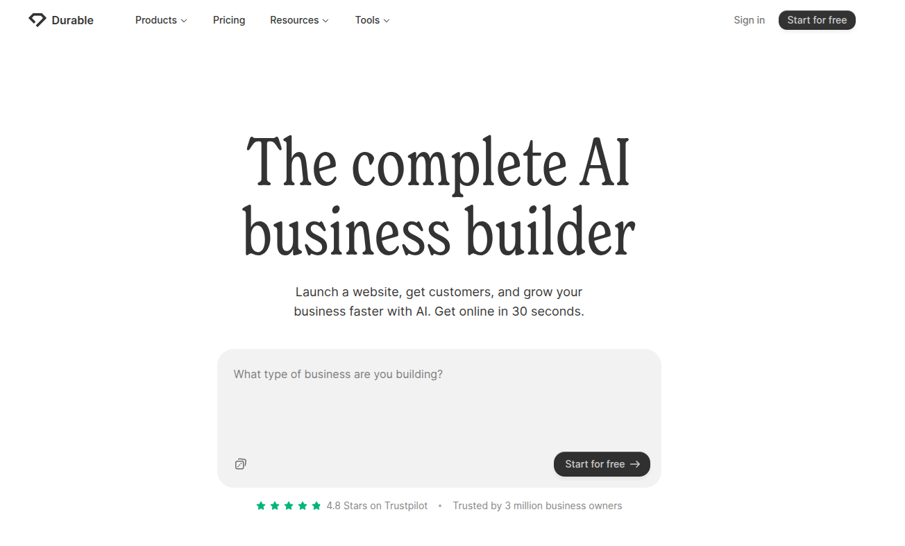 Durable AI business builder page