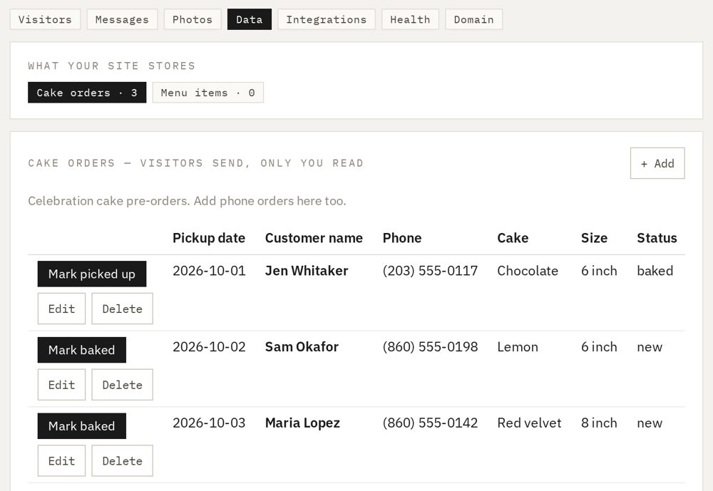 The Casso console's Data tab: a table of cake orders with Mark baked and Mark picked up buttons on each row