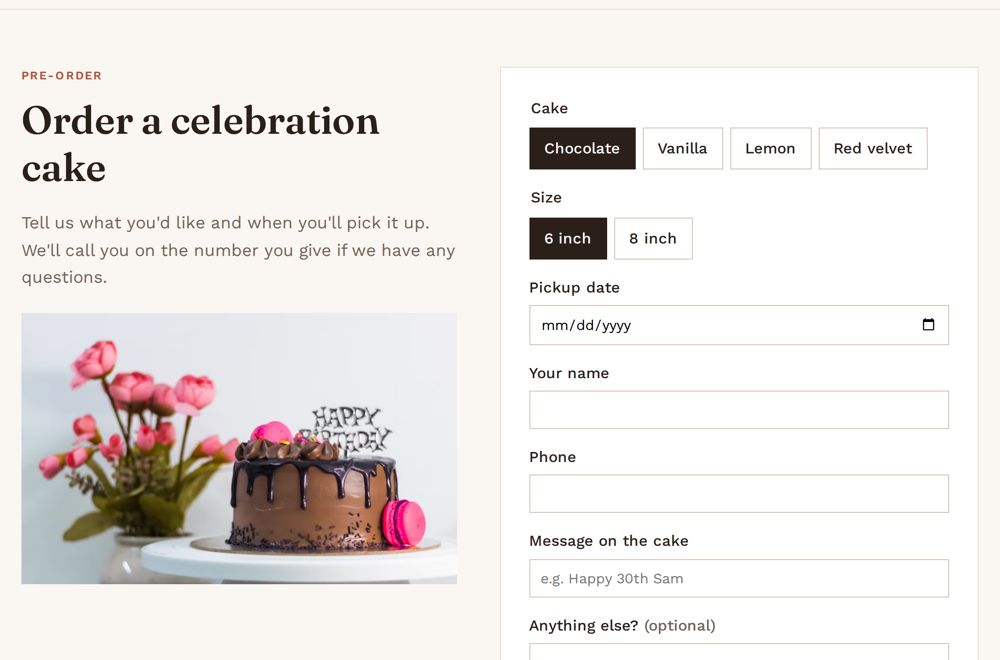 A cake pre-order page built by Casso: flavour and size buttons, a pickup date, name and phone fields